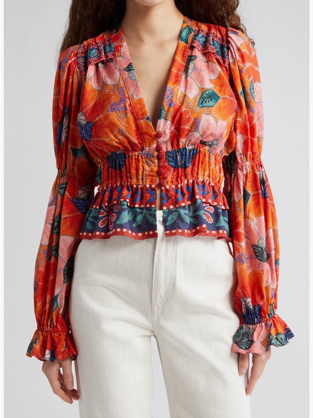 Farm Rio Marias Floral Plunge Neck Peplum Top XS